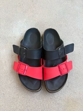 Birkenstock Arizona Split Women EU 38 US 7.5/8 Black Red Slip On Sandals Slides
